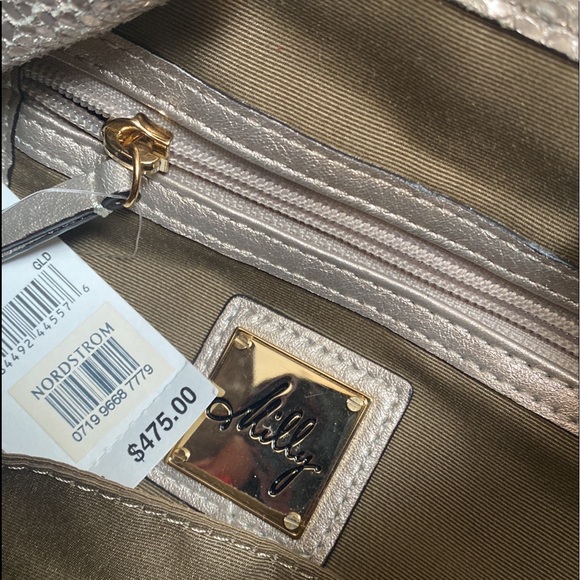 Milly New! Iridescent Handbag Bamboo Silver White Mermaid Snakeskin Shoulder Bag - Picture 11 of 13